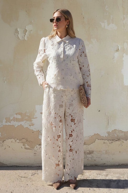 Dantel Detaylı Ajurlu Gömlek Pantolon Takım RB39399