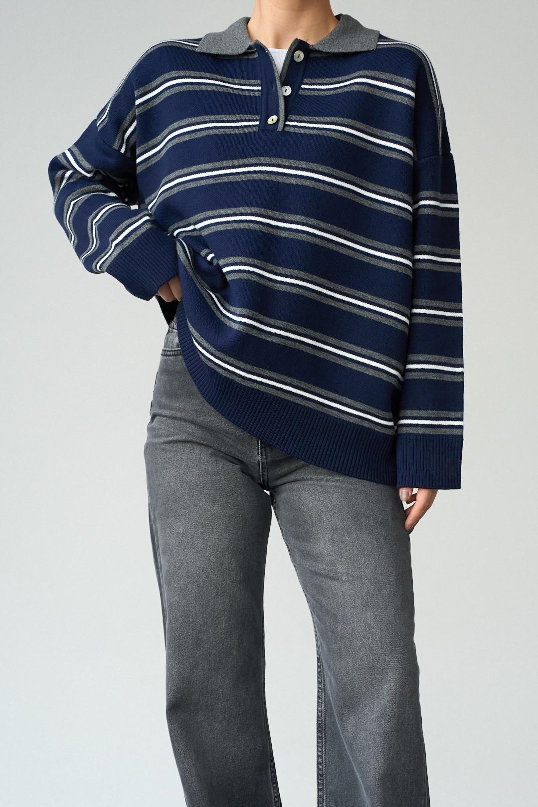 Düğme Detaylı Çizgili Polo Yaka Kazak QS241248