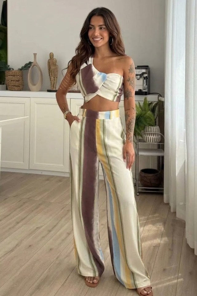 Tek Omuz Şerit Detaylı Bluz Pantolon Takım MS8553