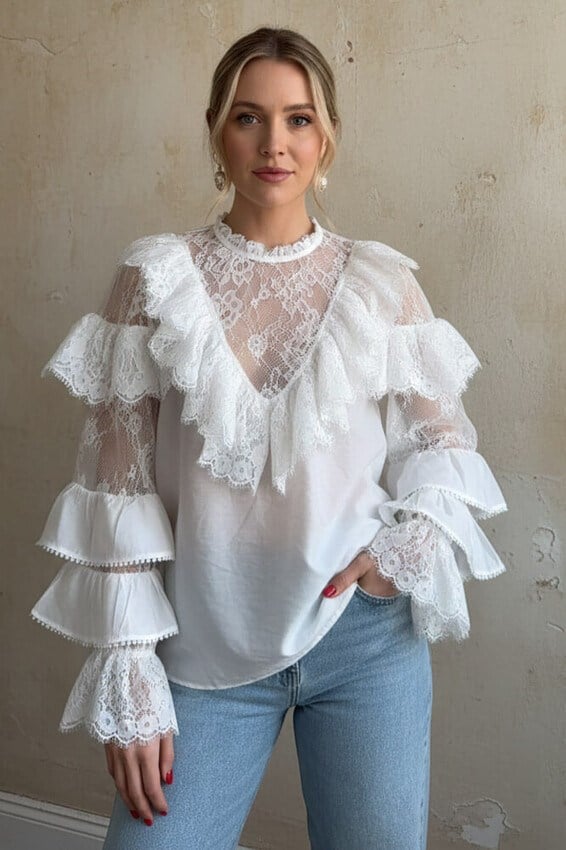 Dantel Detaylı Volanlı Bluz RB39371