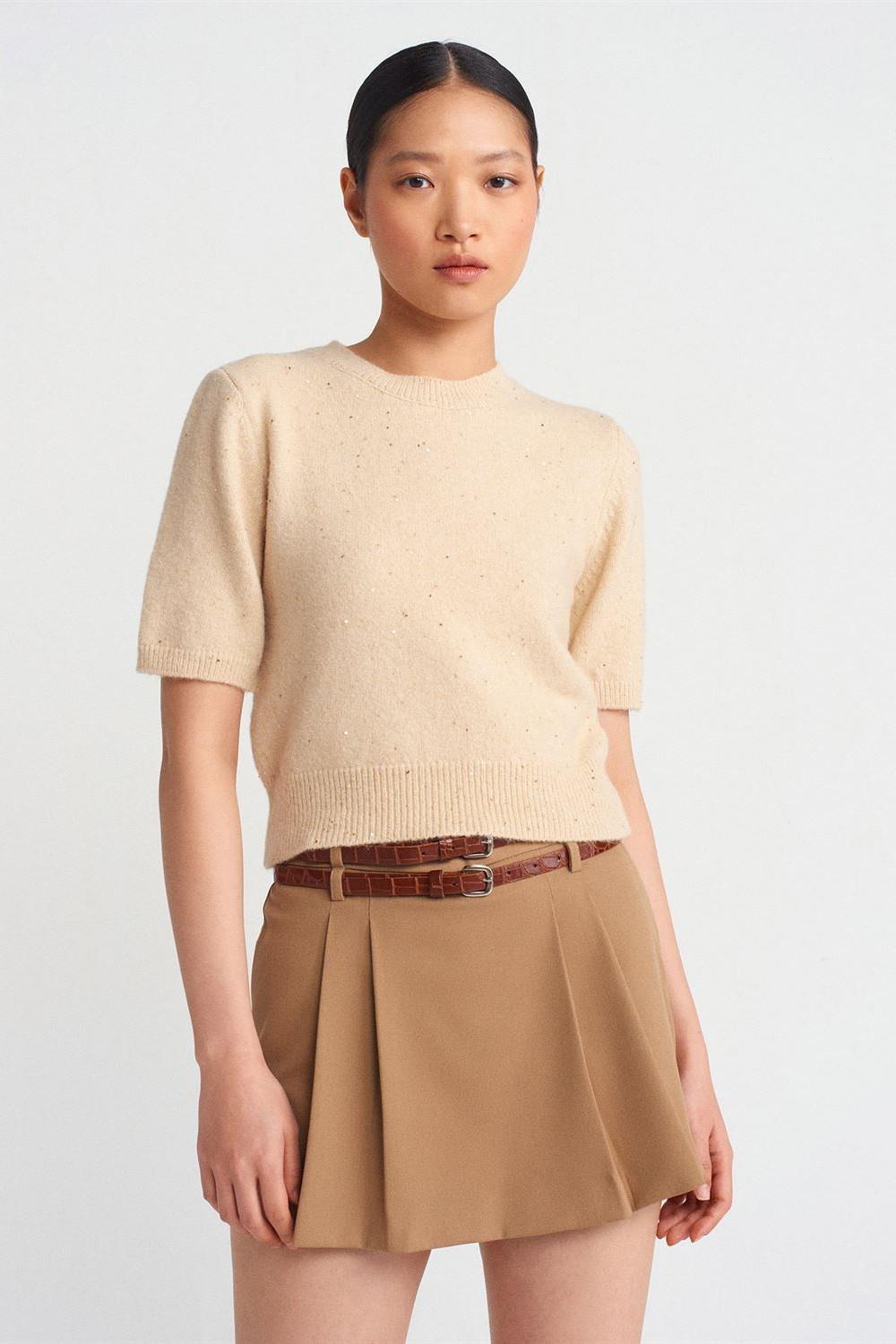 Bisiklet Yaka Pullu Simli Triko Kazak DL10703