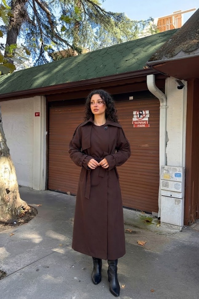 Kuşak Detaylı Kruvaze Yaka Uzun Trençkot PR7559