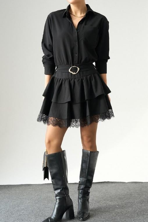 Kemerli Dantel Detaylı Mini Elbise QS261005