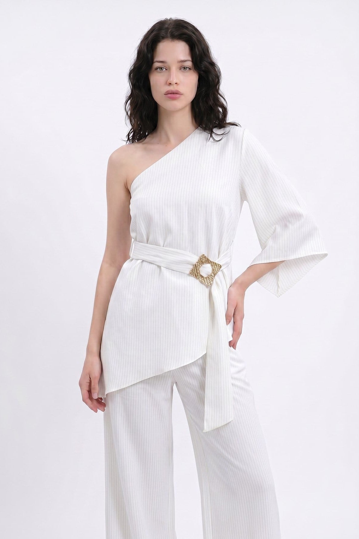 Tek Kol Asimetrik Bluz Straight Pantolon Takım QZ01996