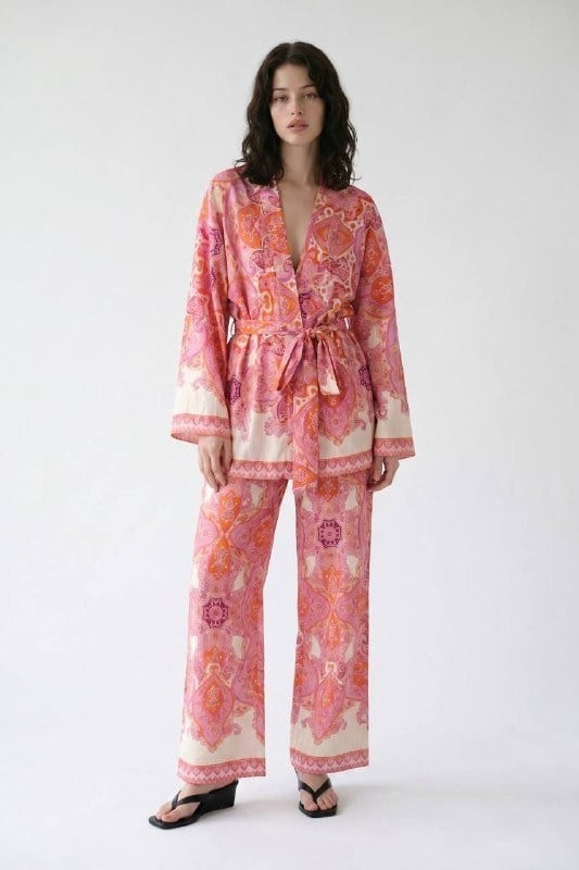 Kuşak Detaylı Desenli Kimono QZ02254