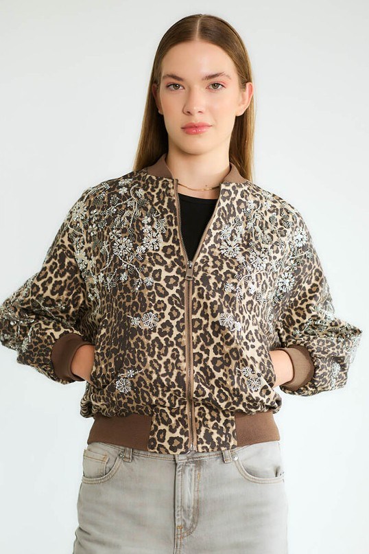 Leopar Desenli Nakışlı Bomber Ceket RB99961