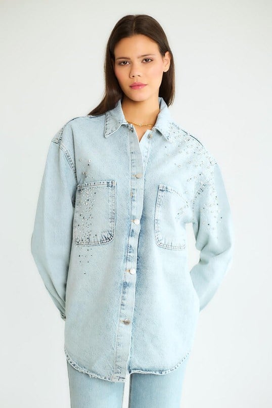 Taş İşlemeli Düğmeli Jean Gömlek RB82174