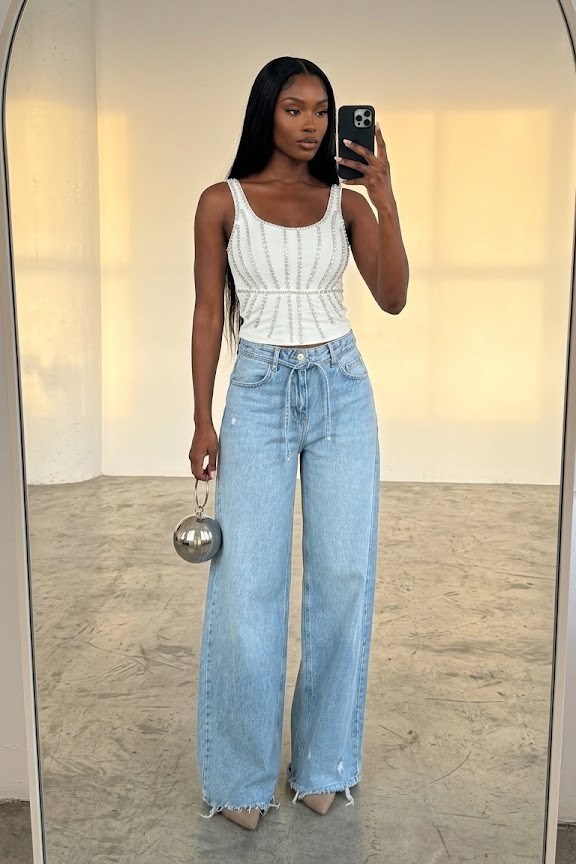 Arkası Taş Baskılı Kuşaklı Wide Leg Jean EL2653