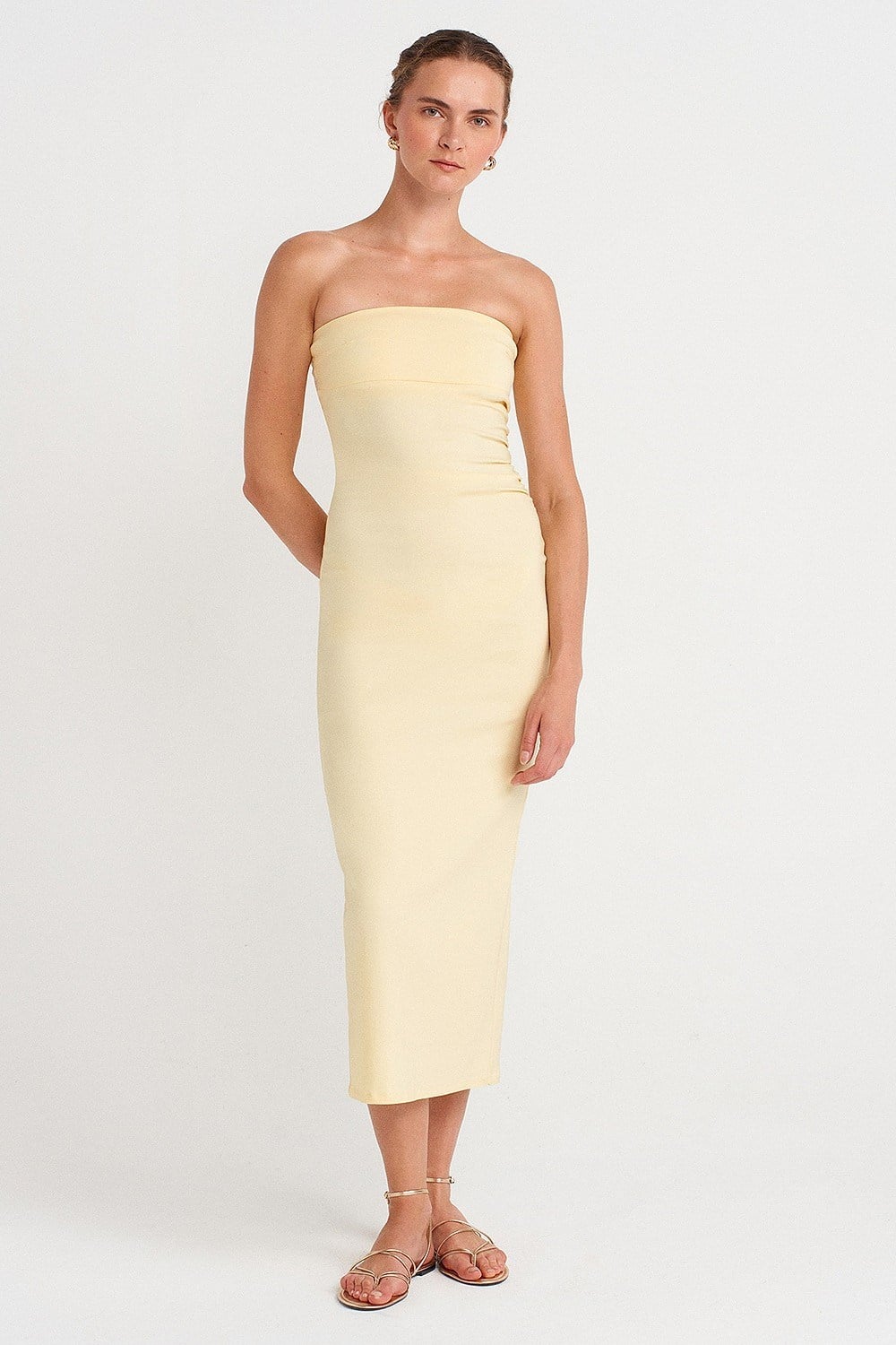 Drape Detaylı Yırtmaçlı Midi Elbise DL91368