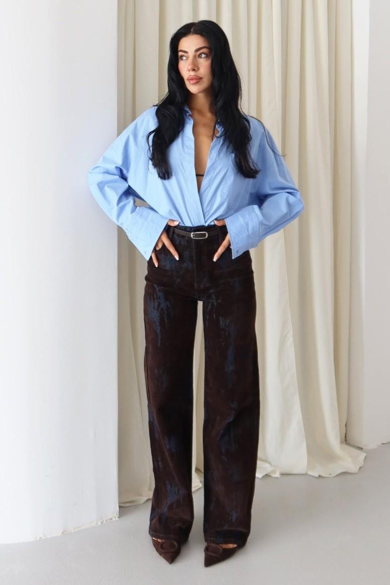 Kadife Baskılı Kemerli Wide Leg Jean LC8077