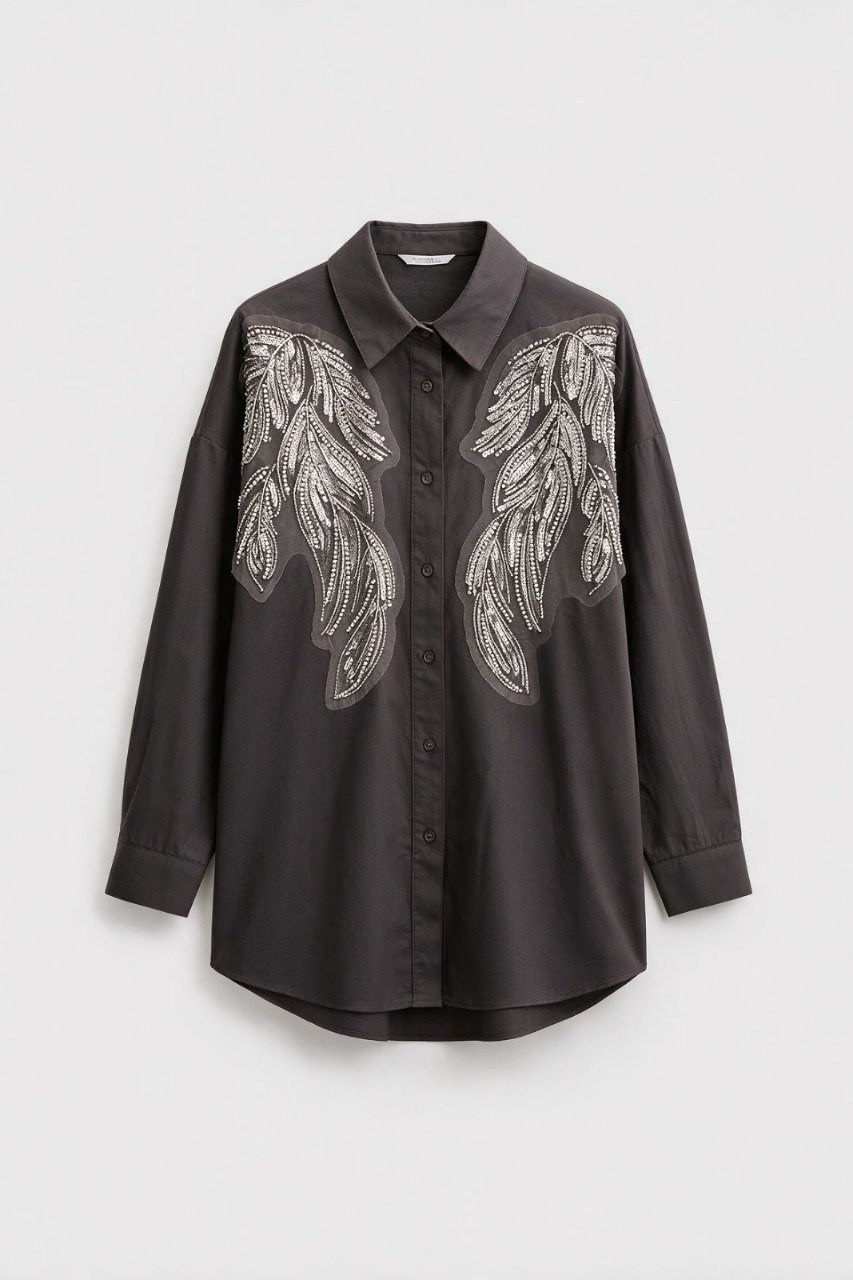 Payet ve İnci İşlemeli Poplin Oversize Gömlek PR5143