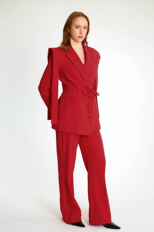 Pul İşlemeli İp Kemerli Blazer Ceket Pantolon Takım RB80321