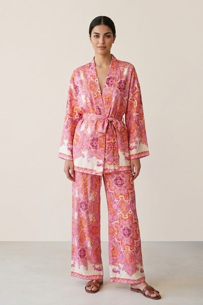 Desenli Kimono Beli Lastikli Pantolon Takım QZ02254