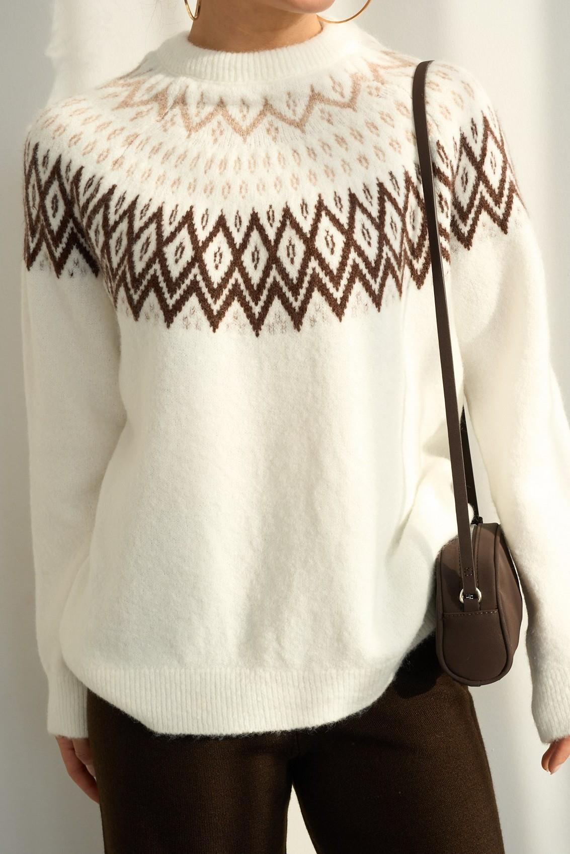 Bisiklet Yaka Renkli Desenli Kazak QS251187