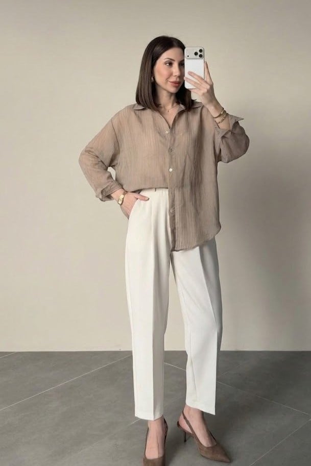 Kendinden Çizgili Oversize Gömlek PR5016
