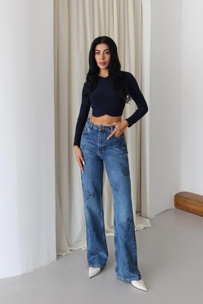 Gül Baskılı Taş İşlemeli Wide Leg Jean LC8062