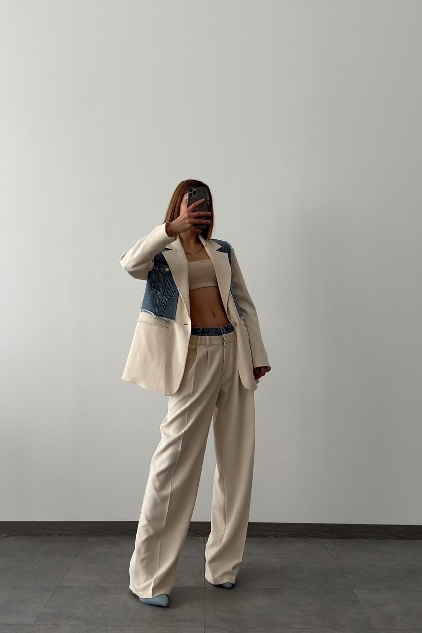 Jean Yelekli Blazer Tek Düğme Ceket Pantolon Tkm RB88614