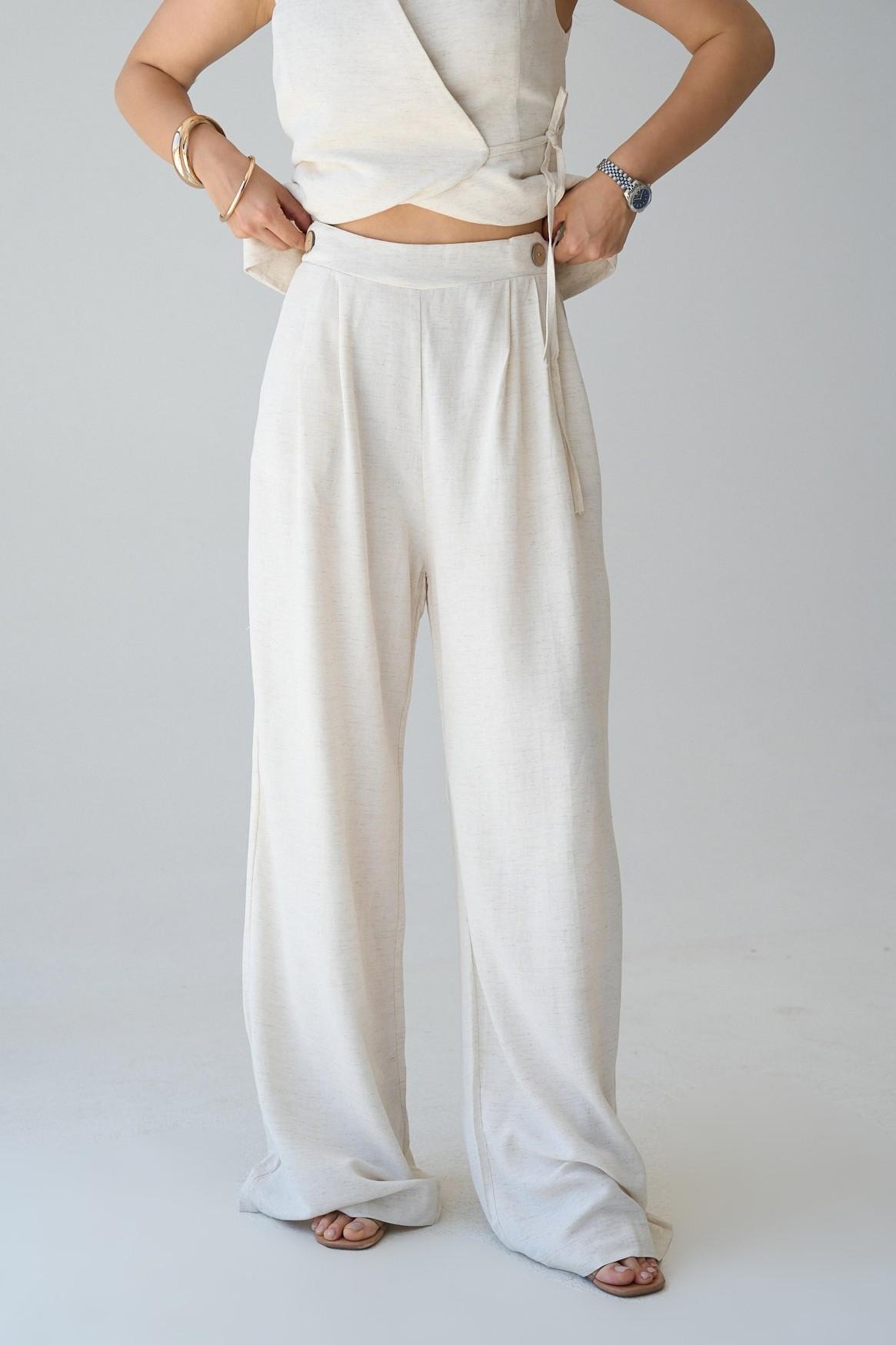 Önü Patlı Çift Düğmeli Keten Pantolon QS231021