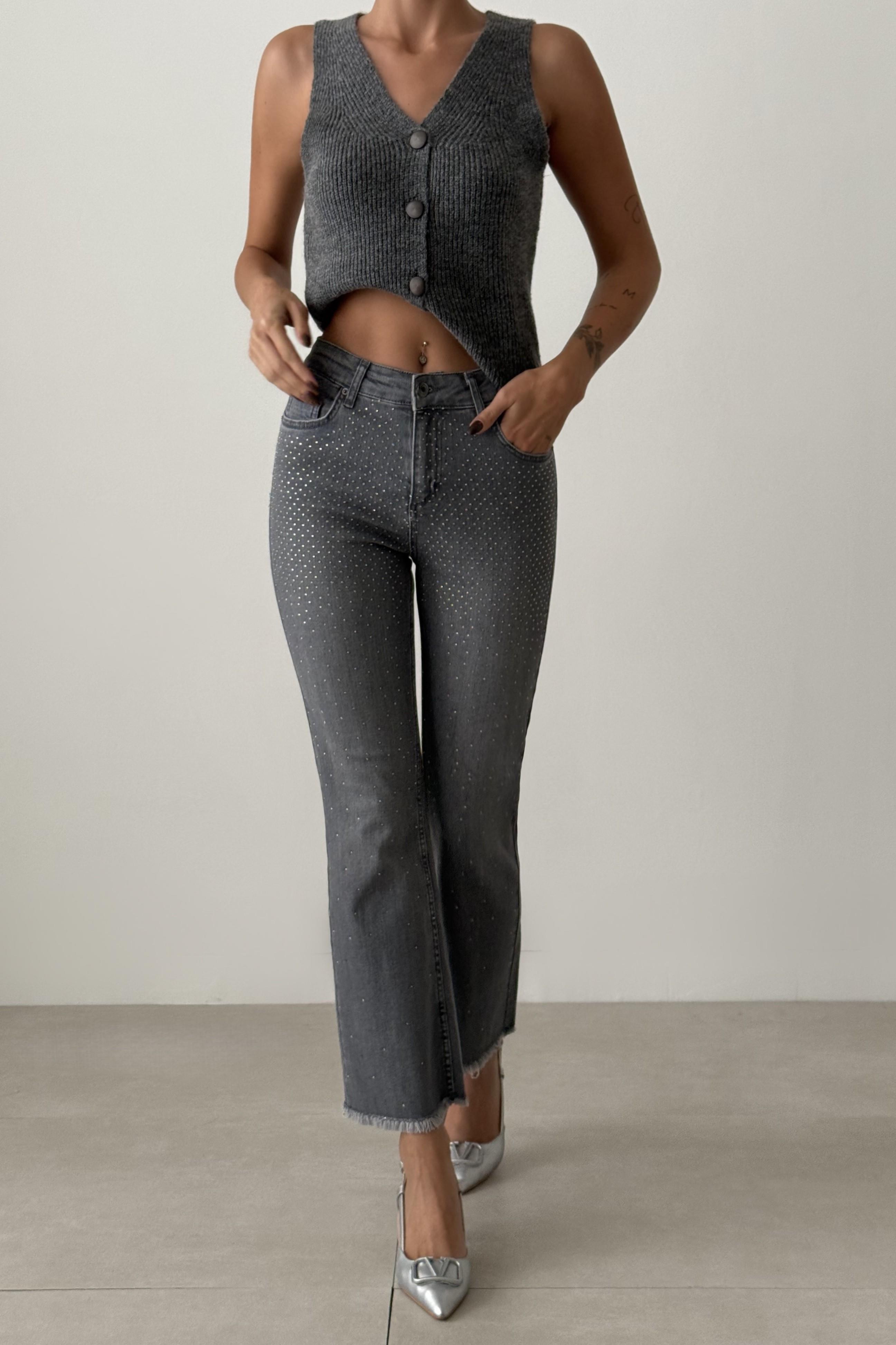 Paçası Püsküllü Taş İşlemeli Flare Jean LC7403-01