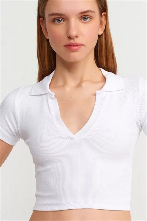 Fitilli Dokuma Polo Yaka Crop T-shırt DL3775