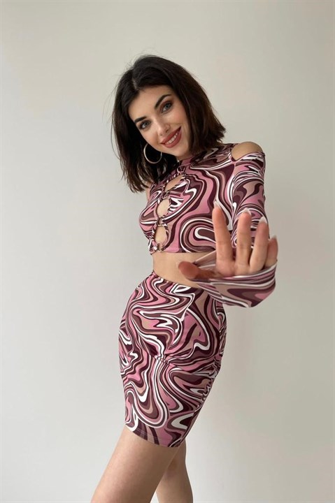Önü Pencere Detaylı Uzun Kollu Crop Mini Etek Takım ET6716