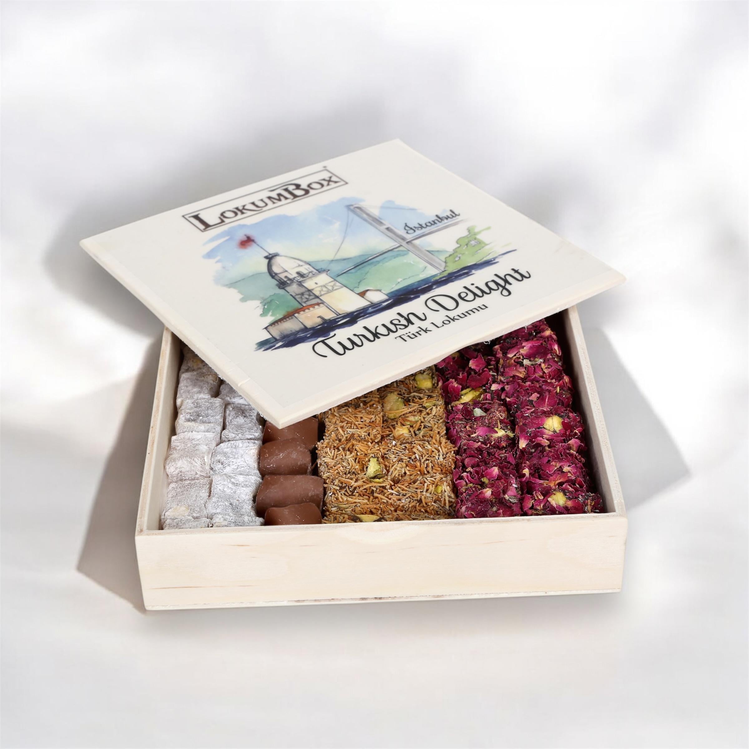 400 gr. Ahşap Kutu_,Çifte Kavrulmuş Antep Fıstıklı -Fındıklı Lokumlar