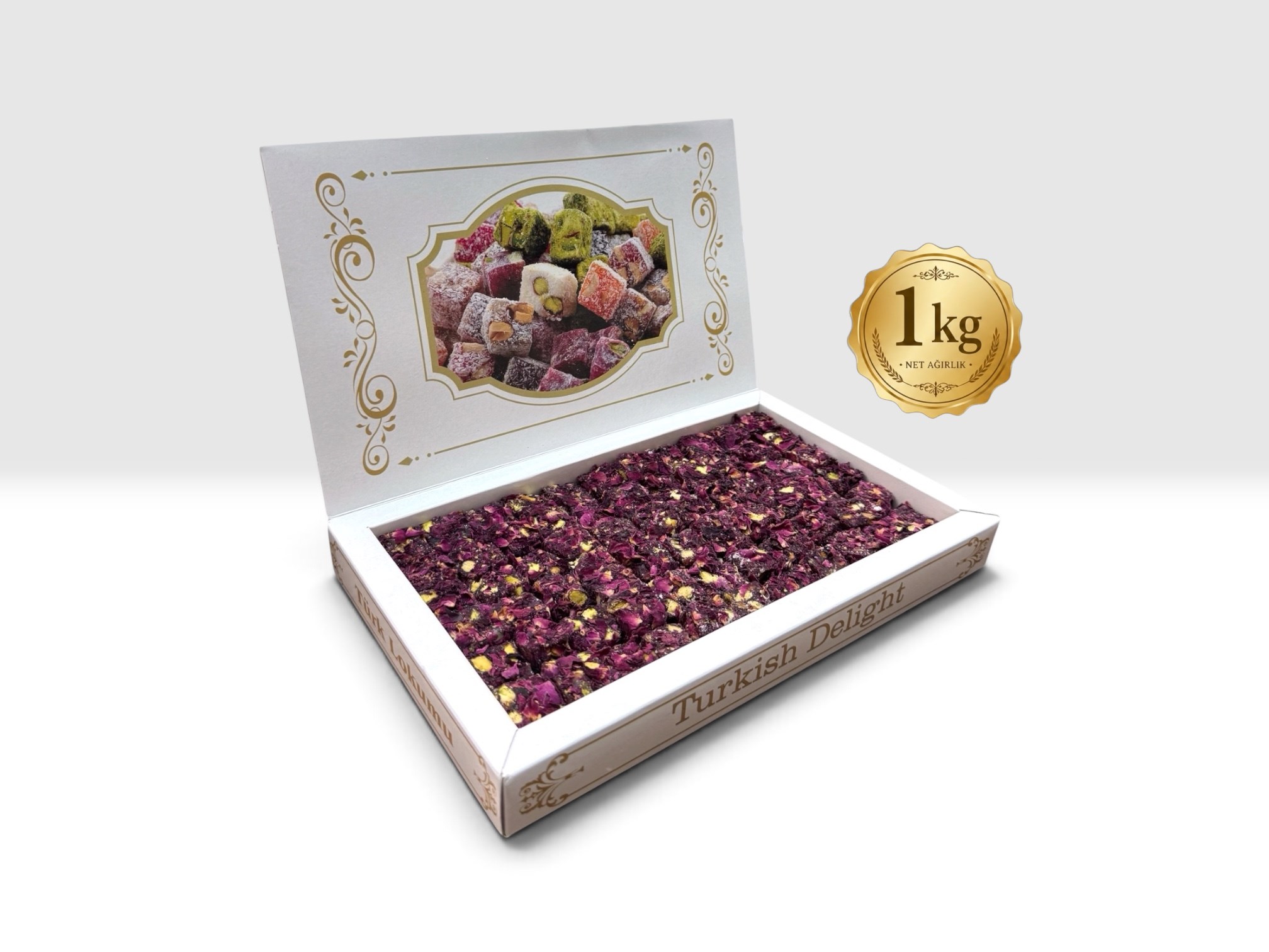 GÜL YAPRAKLI GÜLLÜ ÇİFTE KAVRULMUŞ ANTEP  FISTIKLI LOKUM 1 KG.