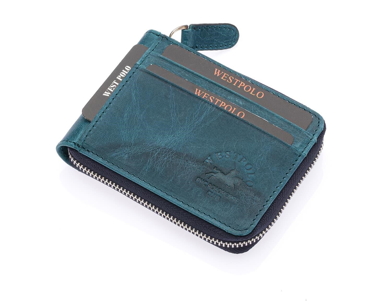 NL534C-TURKUAZWestpolo Mira Hakiki Eskitme Deri Unisex Cüzdan, Kartlık - Turkuaz