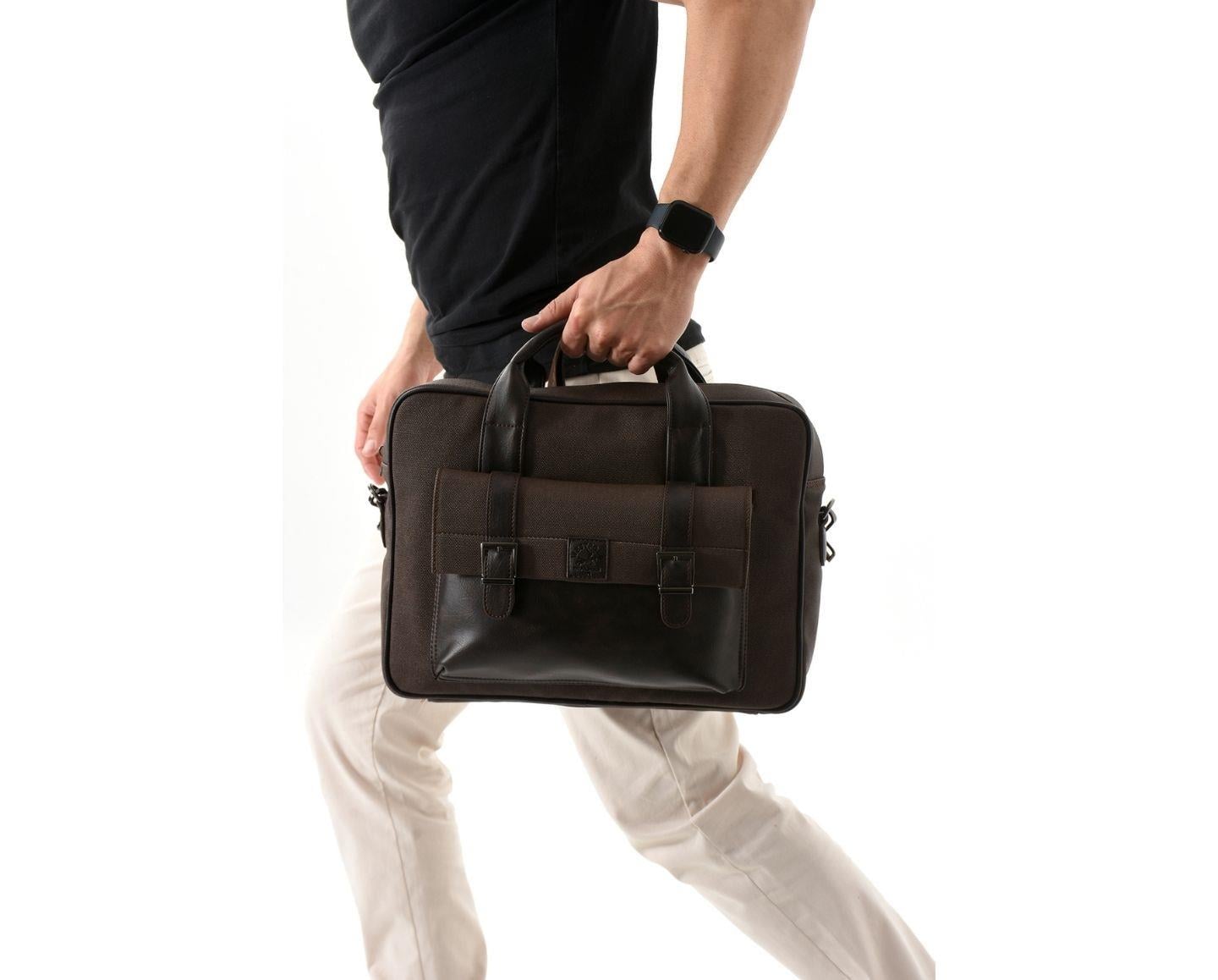 NL6073KES - Kahverengi -KahverengiWestpolo Unisex Vegan Deri Laptop Bölmeli Fermuarlı Ön Kapak Detaylı Kanvas Omuz Askılı Evrak ve Laptop Çantası -Kahverengi