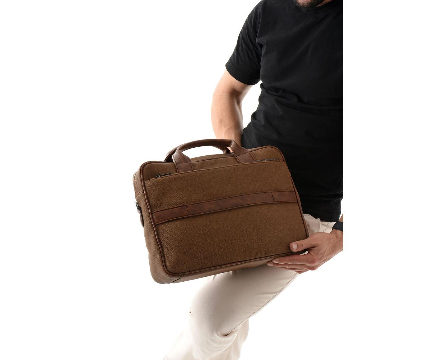 NL6073KES - Taba - tabaWestpolo Unisex Vegan Deri Laptop Bölmeli Fermuarlı Ön Kapak Detaylı Kanvas Omuz Askılı Evrak ve Laptop Çantası -Taba