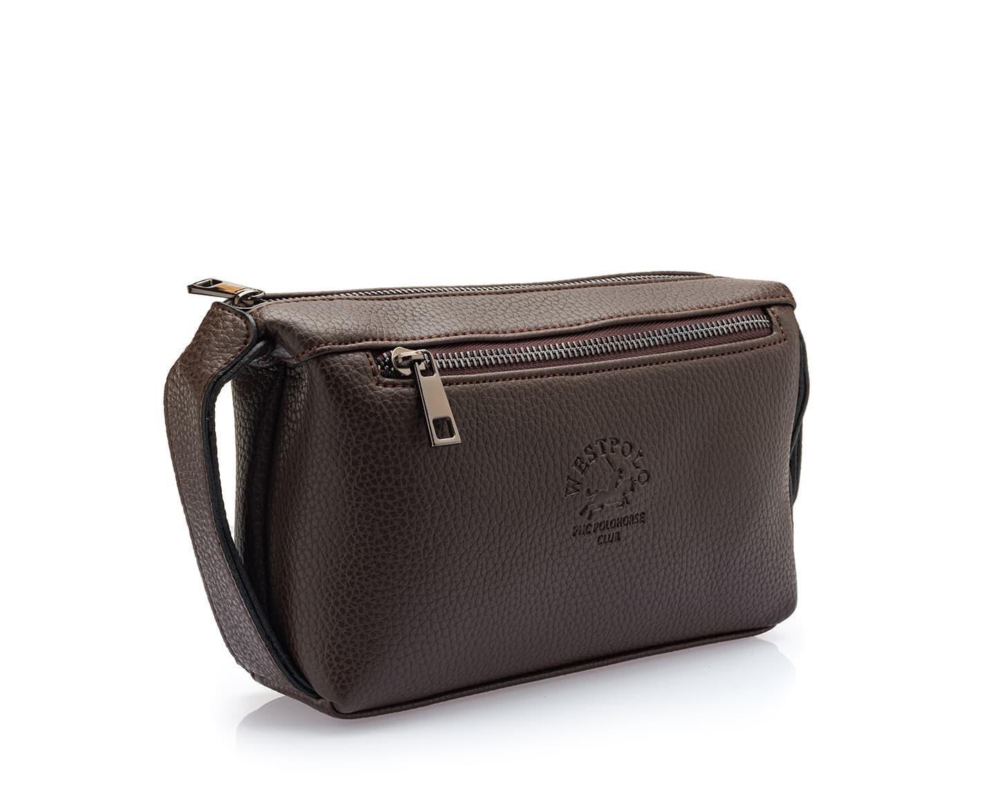 Westpolo Suya Dayanıklı Deri Unisex El Portföyü, clutch çanta - Kahverengi