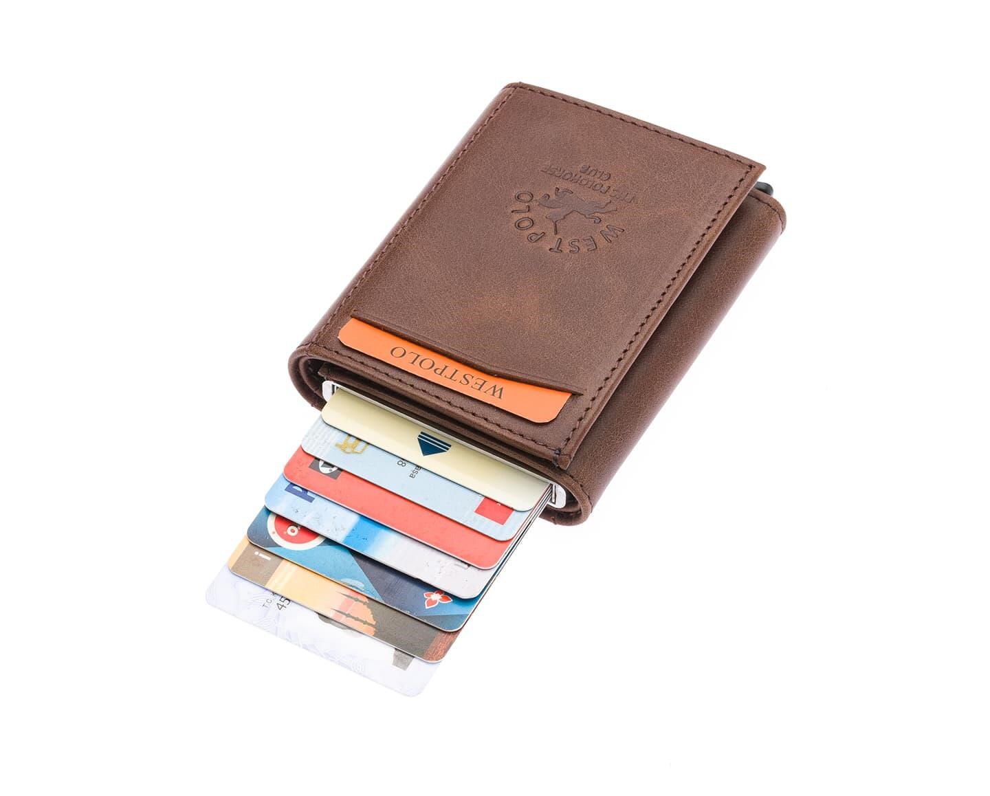 NL5550C-TİGUAN KAHVERENGİWestpolo Safari Unisex Bol Kartlık Bölmeli Crazy Eskitme Hakiki Deri Mekanizmalı Cüzdan - Kahverengi