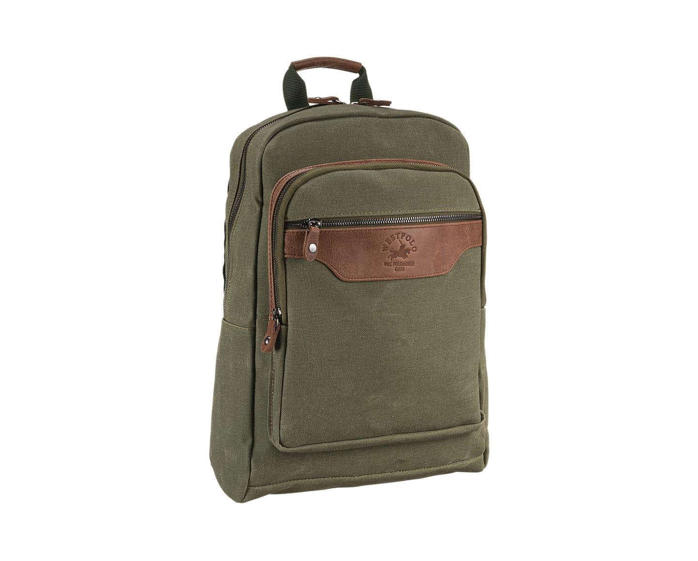 NL6012KES-1750Unisex Kanvas Kumaş Eskitme Deri Çok Bölmeli Fermuarlı Laptop Bölmeli Sırt Çantası, Okul Çantası-Haki