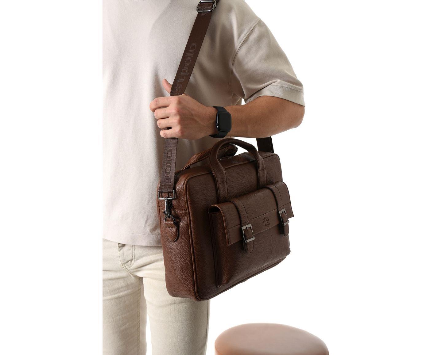 NL6073 - TabaWestpolo Unisex Vegan Deri Laptop Bölmeli Fermuarlı Ön Kapak Detaylı Omuz Askılı Evrak ve Laptop Çantası - Taba