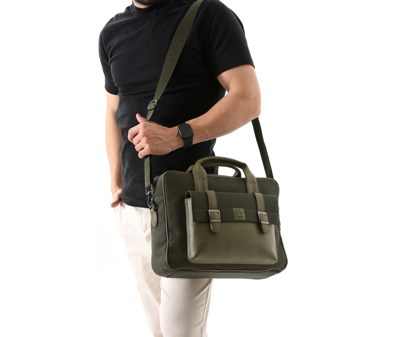 NL6073KES - Haki- HakiWestpolo Unisex Vegan Deri Laptop Bölmeli Fermuarlı Ön Kapak Detaylı Kanvas Omuz Askılı Evrak ve Laptop Çantası - Haki