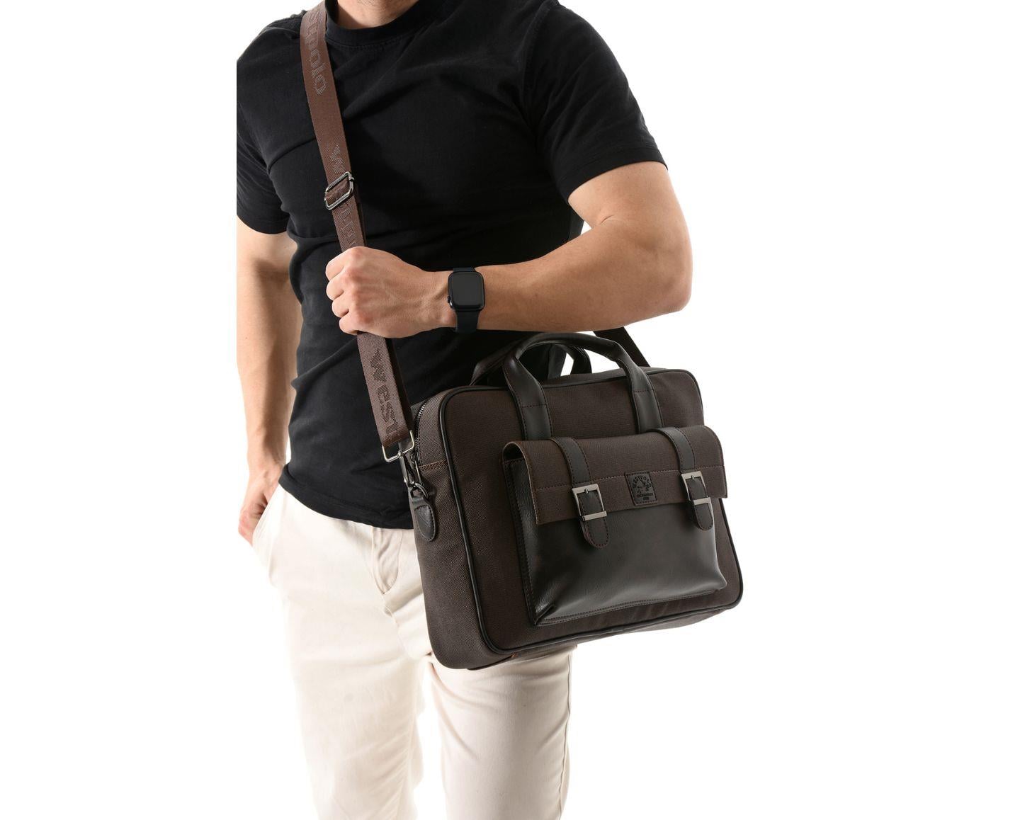NL6073KES - Kahverengi -KahverengiWestpolo Unisex Vegan Deri Laptop Bölmeli Fermuarlı Ön Kapak Detaylı Kanvas Omuz Askılı Evrak ve Laptop Çantası -Kahverengi