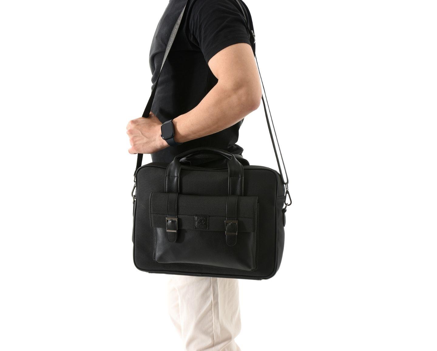NL6073KES -Siyah -SiyahWestpolo Unisex Vegan Deri Laptop Bölmeli Fermuarlı Ön Kapak Detaylı Kanvas Omuz Askılı Evrak ve Laptop Çantası -Siyah