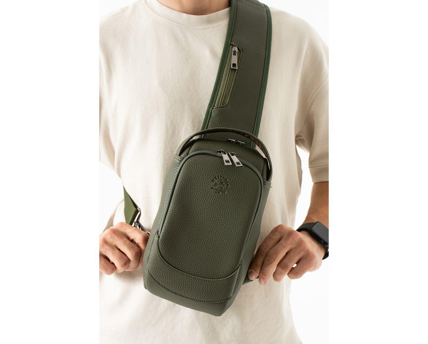 NL6074 - HakiWestpolo Vegan Tek Omuz Askılı Fermuarlı Çok Bölmeli Unisex Sırt ve Göğüs Çantası Body Bag - Haki