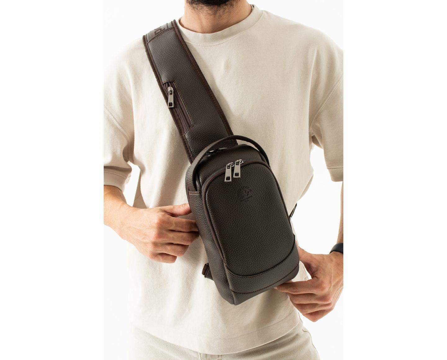 NL6074 -KahverengiWestpolo Vegan Tek Omuz Askılı Fermuarlı Çok Bölmeli Unisex Sırt ve Göğüs Çantası Body Bag - Kahverengi