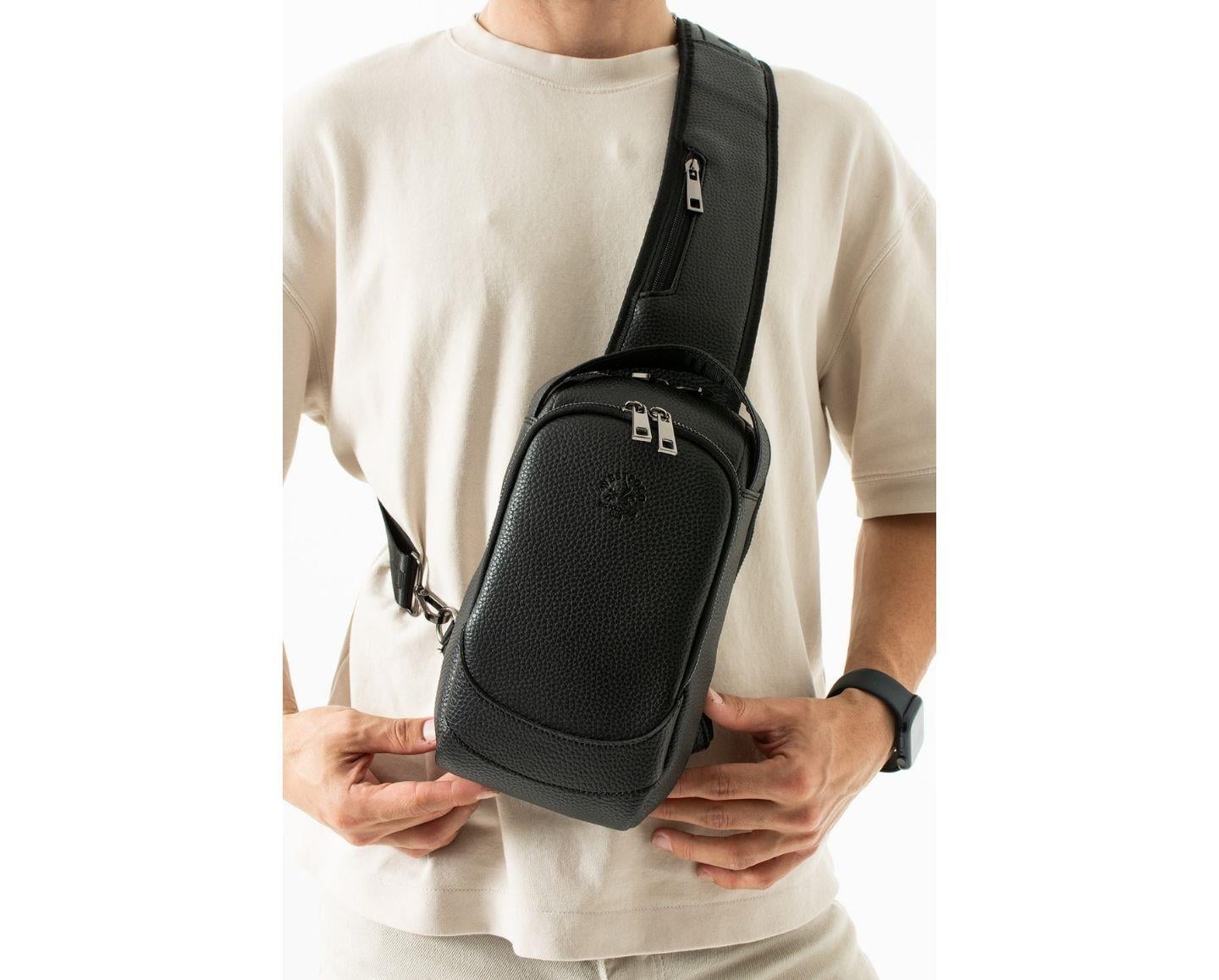 NL6074 - SiyahWestpolo Vegan Tek Omuz Askılı Fermuarlı Çok Bölmeli Unisex Sırt ve Göğüs Çantası Body Bag - Siyah