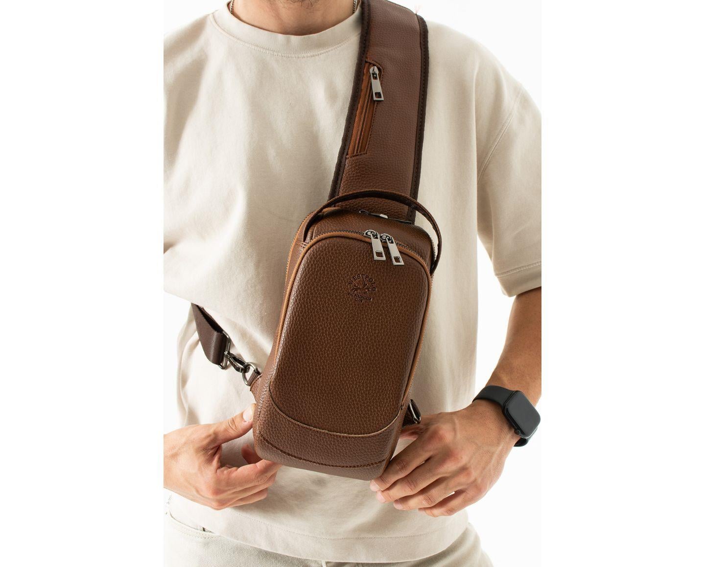 NL6074 - TabaWestpolo Vegan Tek Omuz Askılı Fermuarlı Çok Bölmeli Unisex Sırt ve Göğüs Çantası Body Bag -Taba