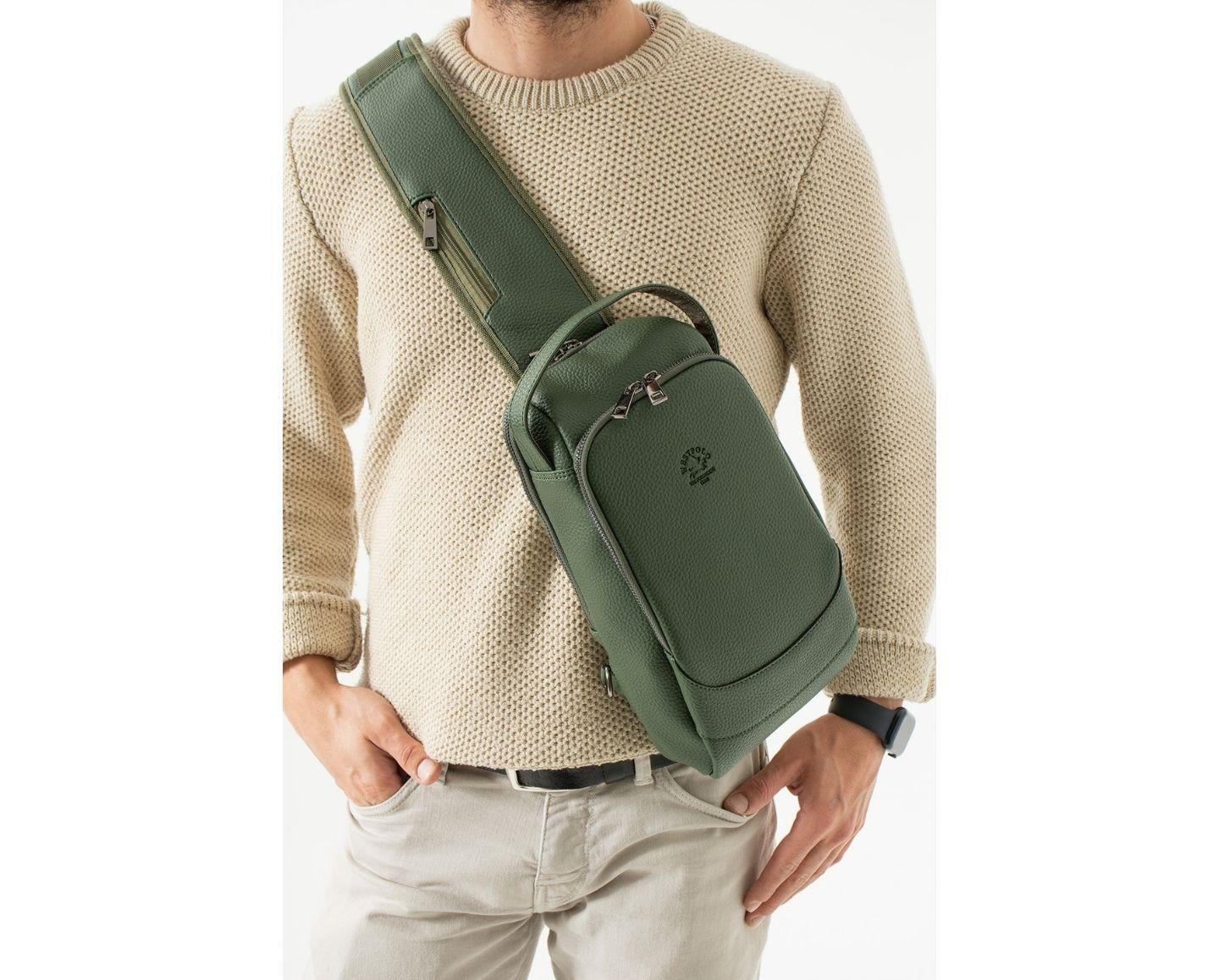 NL6075 - HakiWestpolo Vegan Tek Omuz Askılı Fermuarlı Çok Bölmeli Erkek Sırt ve Göğüs Çantası Body Bag - Haki
