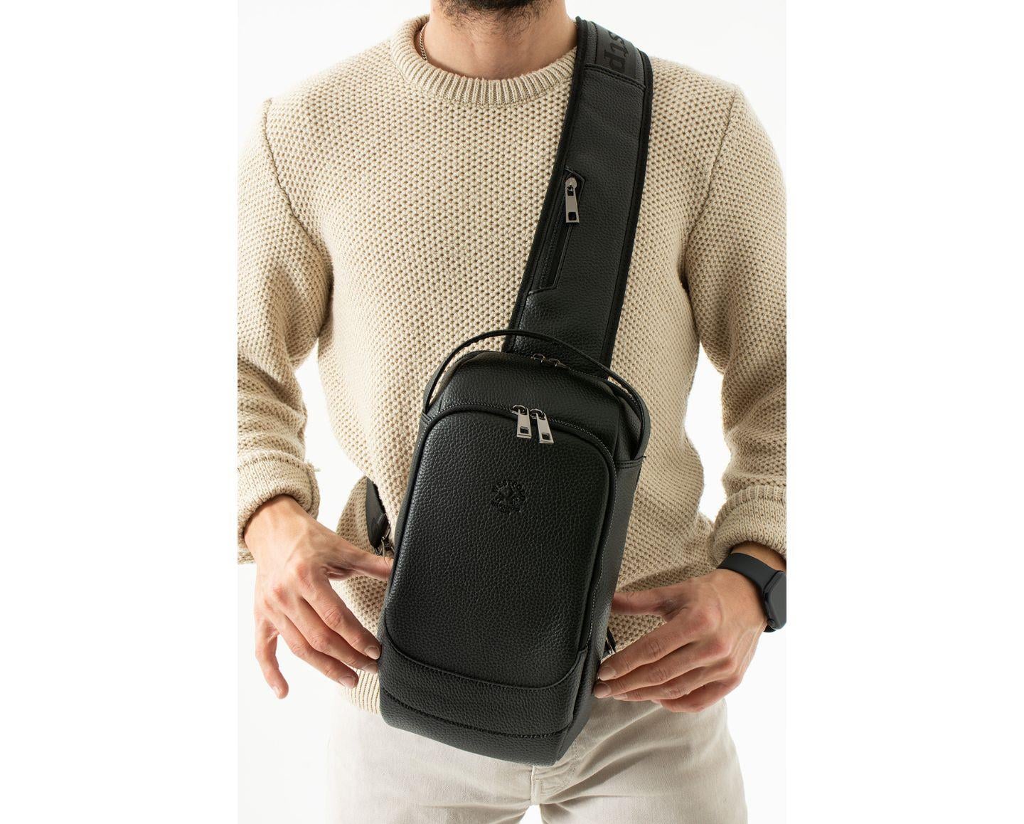 NL6075 -SiyahWestpolo Vegan Tek Omuz Askılı Fermuarlı Çok Bölmeli Erkek Sırt ve Göğüs Çantası Body Bag -Siyah