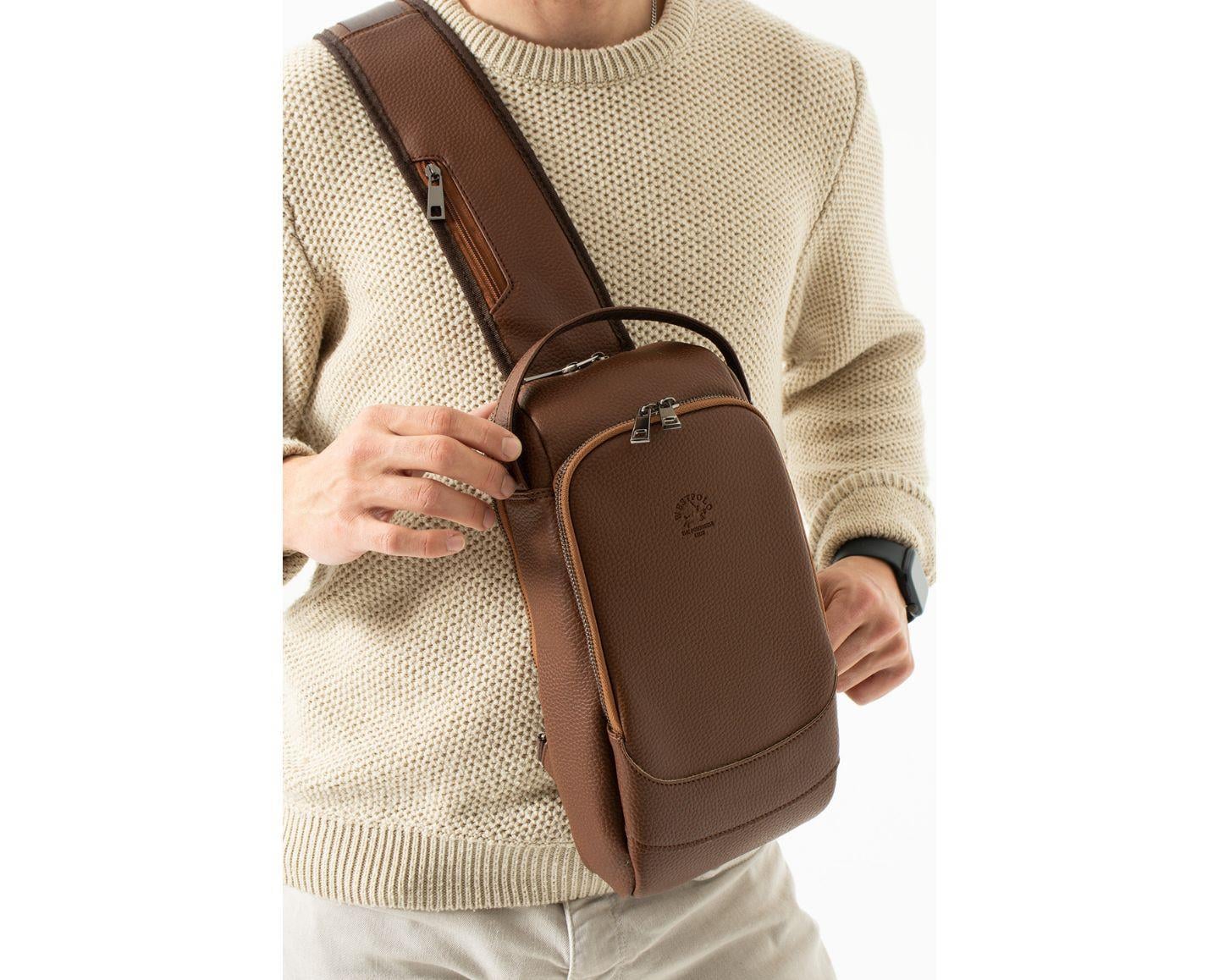 NL6075 - TabaWestpolo Vegan Tek Omuz Askılı Fermuarlı Çok Bölmeli Erkek Sırt ve Göğüs Çantası Body Bag - Taba