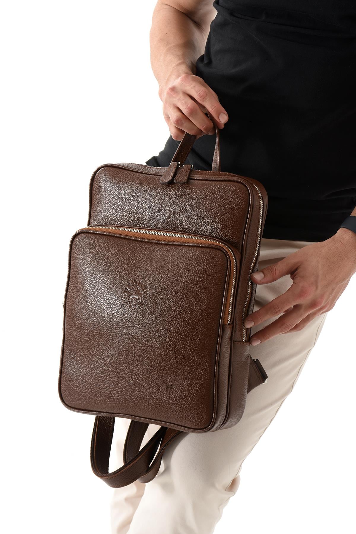 NL9049 - TabaWestpolo Hakiki Deri Fermuarlı Sırt Çantası - Taba