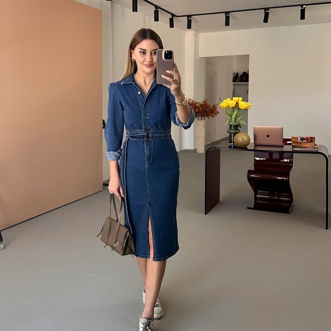 denim midi elbise