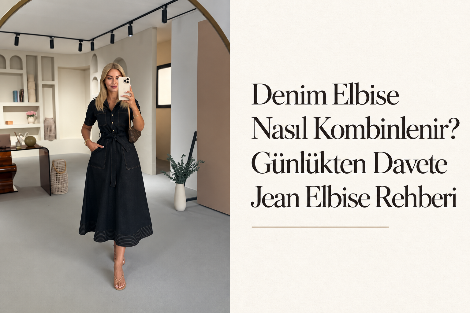 Taş rengi pileli denim elbise giyen kadın ve denim elbise kombinleri