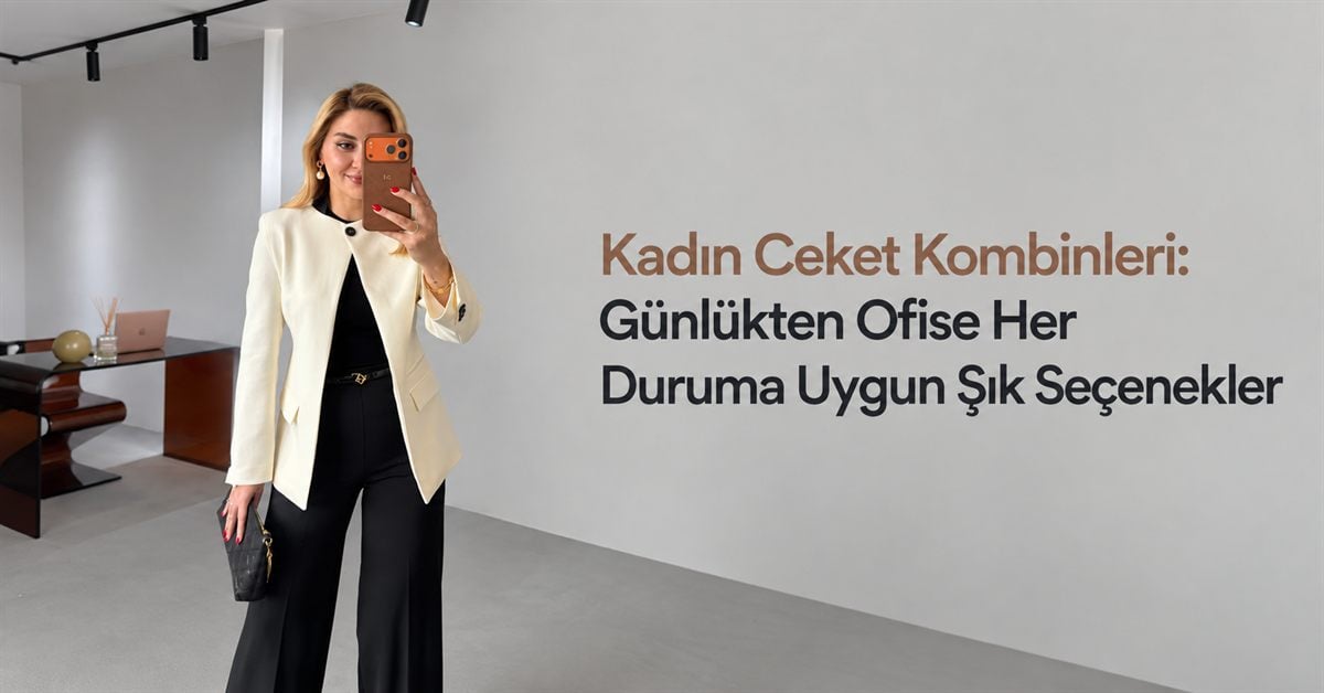 Ekru blazer ceketli kadınla şık ofis stili kombini