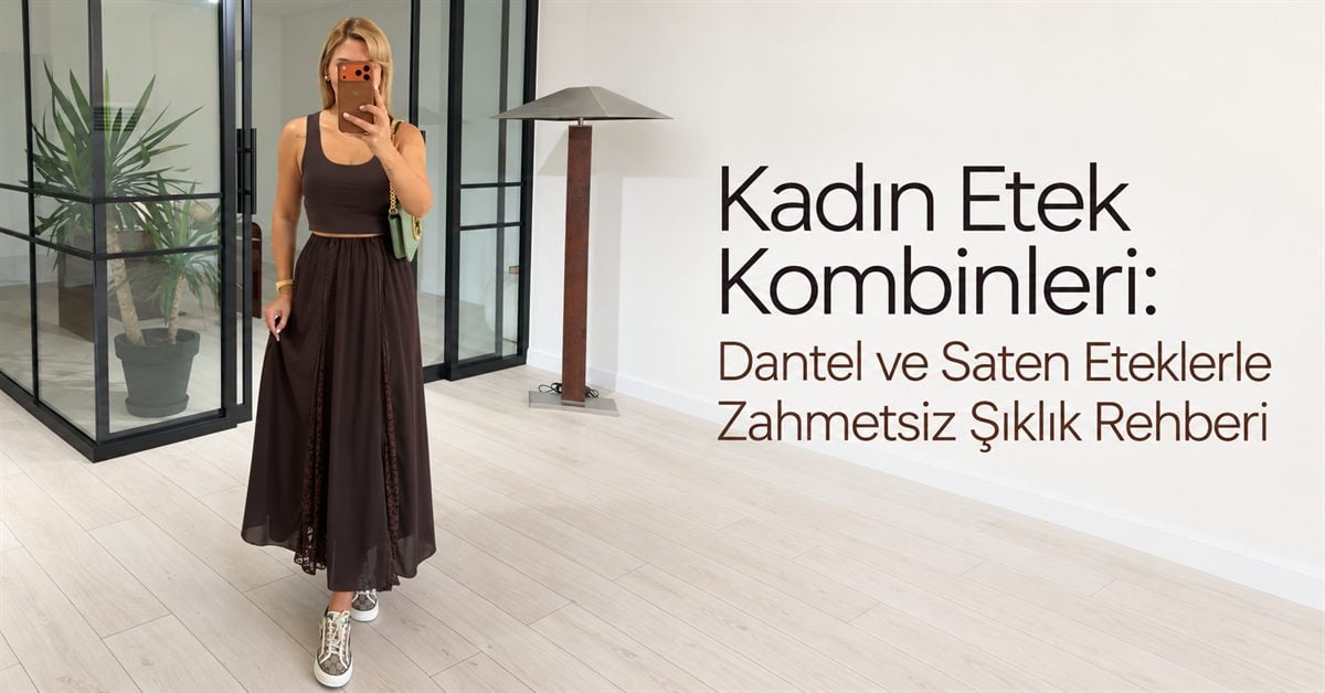 Kahverengi dantel detaylı etek kombiniyle poz veren kadın
