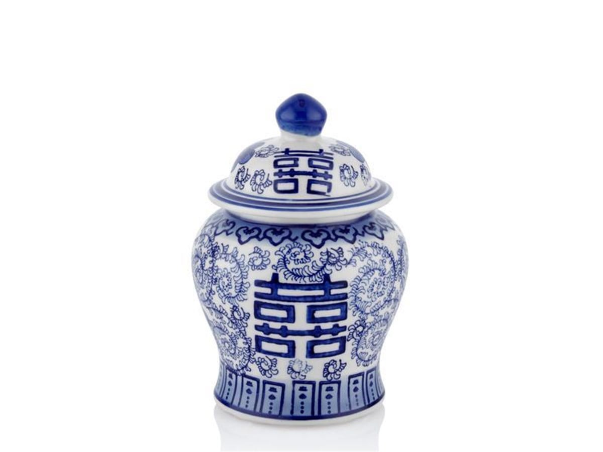 Bleu Blanc Dekoratif Kapaklı Küp Japon Desenli